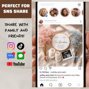 May include: A digital social media post featuring a round wooden sign with the text Girl 1 Boy 1 Tie Breaker On The Way Baby Miller Oct 202X, accompanied by pink and blue dried flowers, white baby booties, and a black and white ultrasound scan.