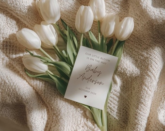 Minimal Pregnancy Baby Reveal Digital Template : Editable Canva, Minimalist Neutral Baby Pregnancy Announcement Flower