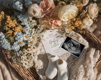 Plantilla de anuncio de embarazo con flores de primavera, editable con Canva para redes sociales. Descarga digital instantánea. Género neutro.