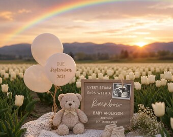 Rainbow Baby Pregnancy Announcement Template, Tulip Field Baby Reveal, Rainbow Baby Announcement, Editable Canva, Neutral Baby Reveal