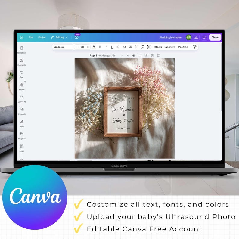 Peut inclure: Un mod&egrave;le de conception num&eacute;rique affich&eacute; sur un &eacute;cran d'ordinateur portable avec un cadre en bois contenant le texte Boys or Girls, Tie Breaker, Baby Miller et Due Dec 20XX, entour&eacute; de fleurs s&eacute;ch&eacute;es blanches et roses sur un tissu doux.
