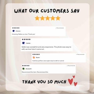 May include: A customer review graphic featuring the text WHAT OUR CUSTOMERS SAY and THANK YOU SO MUCH with five orange stars. Four individual five-star reviews are displayed with names Arianna, Lacey, Skyler, and Elizabeth, plus three red hearts.