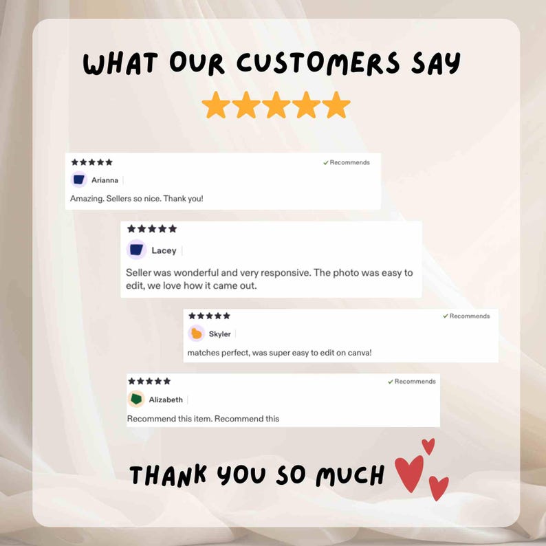 May include: A customer review graphic featuring the text WHAT OUR CUSTOMERS SAY and THANK YOU SO MUCH with five orange stars. Four individual five-star reviews are displayed with names Arianna, Lacey, Skyler, and Elizabeth, plus three red hearts.