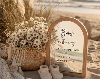 Neutral Pregnancy Announcement Template, Coastal Mirror Baby Reveal, Neutral Beach Baby Announcement, Editable Canva Pregnancy Template