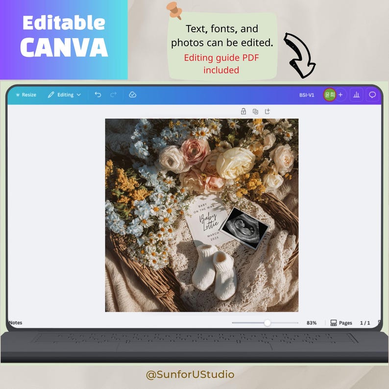 Plantilla de anuncio de embarazo con flores de primavera, editable con Canva para redes sociales. Descarga digital instantánea. Género neutro. imagen 2