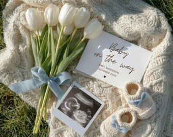 Minimal Baby Boy Pregnancy Reveal Digital Template : Editable Canva, Minimalist Neutral Baby Pregnancy Announcement Flower