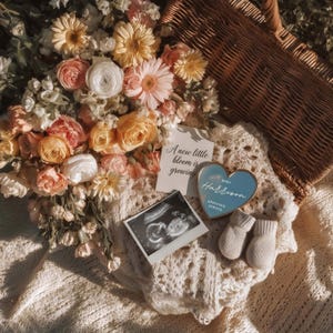 Flower Baby Girl Announcement Template, Floral Pregnancy Reveal Flat Lay, Editable Canva Ultrasound Baby News Digital Download
