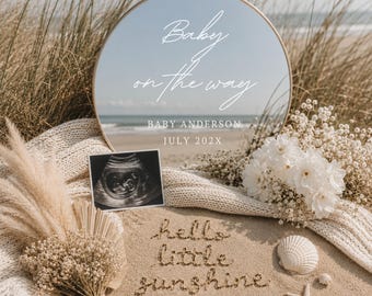 Beach Mirror Pregnancy Announcement Template, Coastal Baby Reveal, Neutral Beach Baby Announcement, Summer Pregnancy Reveal, Editable Canva