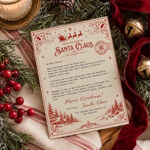 Może przedstawiać: Prostokątny list od Świętego Mikołaja wydrukowany na kremowym papierze czerwoną czcionką. Nagłówek brzmi From the Desk of Santa Claus, The North Pole, z oficjalną pieczątką pocztową. Tekst zawiera wiadomość do Crystal oraz zimowy krajobraz.