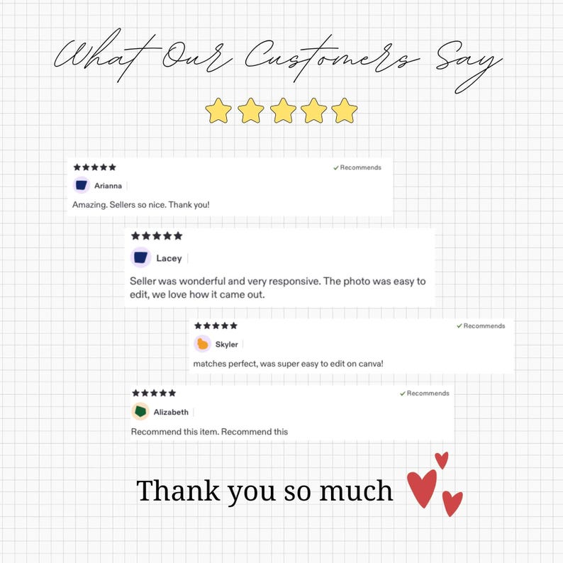 Peut inclure: Un graphique d'avis clients sur un fond quadrill&eacute; blanc avec le texte What Our Customers Say et Thank you so much. Il affiche cinq &eacute;toiles jaunes et quatre avis individuels cinq &eacute;toiles d'Arianna, Lacey, Skyler et Elizabeth.