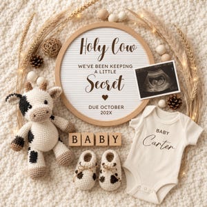 Cow Pregnancy Announcement Digital, Holy Cow Baby Reveal, Gender Neutral Farm Baby Flat Lay, Editable Canva Template