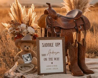 Western Pregnancy Announcement Template, Cowboy Baby Reveal, Saddle Up Baby Announcement, Rustic Western Canva Template