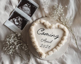 Boho Cake Pregnancy Announcement Digital Template : Editable for free with Canva , Instant download, Gender Neutral Baby Reveal