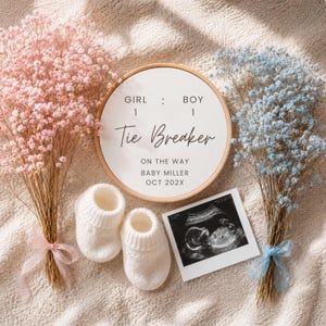 Tie Breaker Pregnancy Announcement Template, Third Baby Reveal, Boy Girl Sibling Announcement, Editable Canva Baby Reveal, Digital Download image 1