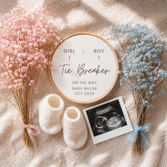 Tie Breaker Pregnancy Announcement Template, Third Baby Reveal, Boy Girl Sibling Announcement, Editable Canva Baby Reveal, Digital Download