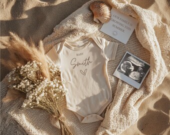 Summer Beach Pregnancy Announcement Template, Neutral Baby Reveal Canva Template, Onesie Ultrasound Social Media Digital Download