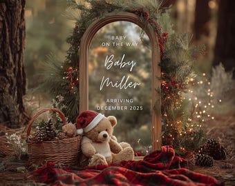 Mirror Christmas Baby Announcement Digital template : Editable Canva, Outdoor Pregnancy Baby Christmas Reveal