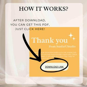 May include: A digital instruction graphic with the text HOW IT WORKS? AFTER DOWNLOAD, YOU CAN GET THIS PDF, JUST CLICK HERE! A yellow square features the text Thank you From SunforUstudio and a button labeled DOWNLOAD LINK with a black arrow.