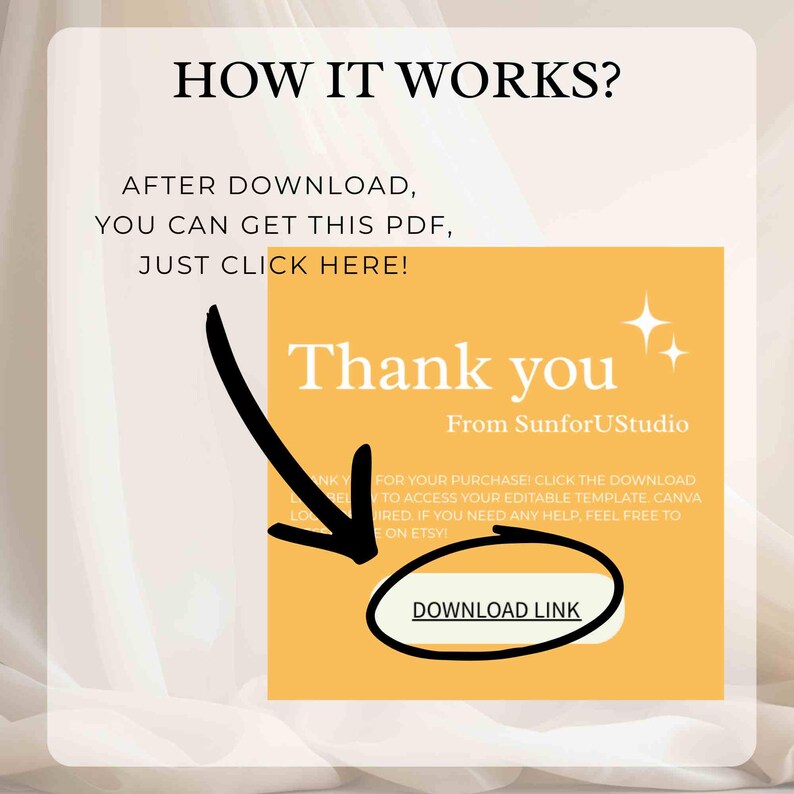 May include: A digital instruction graphic with the text HOW IT WORKS? AFTER DOWNLOAD, YOU CAN GET THIS PDF, JUST CLICK HERE! A yellow square features the text Thank you From SunforUstudio and a button labeled DOWNLOAD LINK with a black arrow.