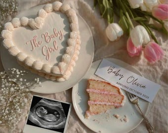 Pink Cake Gender Reveal: Baby Girl Pregnancy Announcement (Digital Template), Social Media Reveal