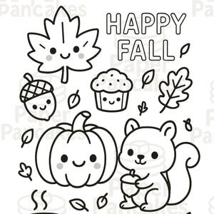 May include: Black and white illustration with the text "HAPPY FALL". The image features a smiling pumpkin, squirrel, acorn, leaf, cupcake, and coffee mug. Several small leaves are scattered around the objects.