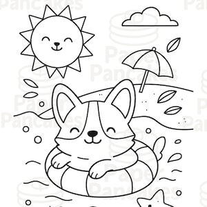 Swimming Corgi Coloring Page | Cute Beach Puppy Dog Printable | Summer Digital Download for Kids & Adults | 8.5&quot;x11&quot; PDF PNG