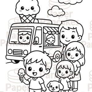 Puede incluir: Ilustración en blanco y negro de un camión de helados con un cono de helado sonriente en la parte superior. Niños y un perro están en fila, con un niño sosteniendo un cono de helado. Dos nubes en el fondo.