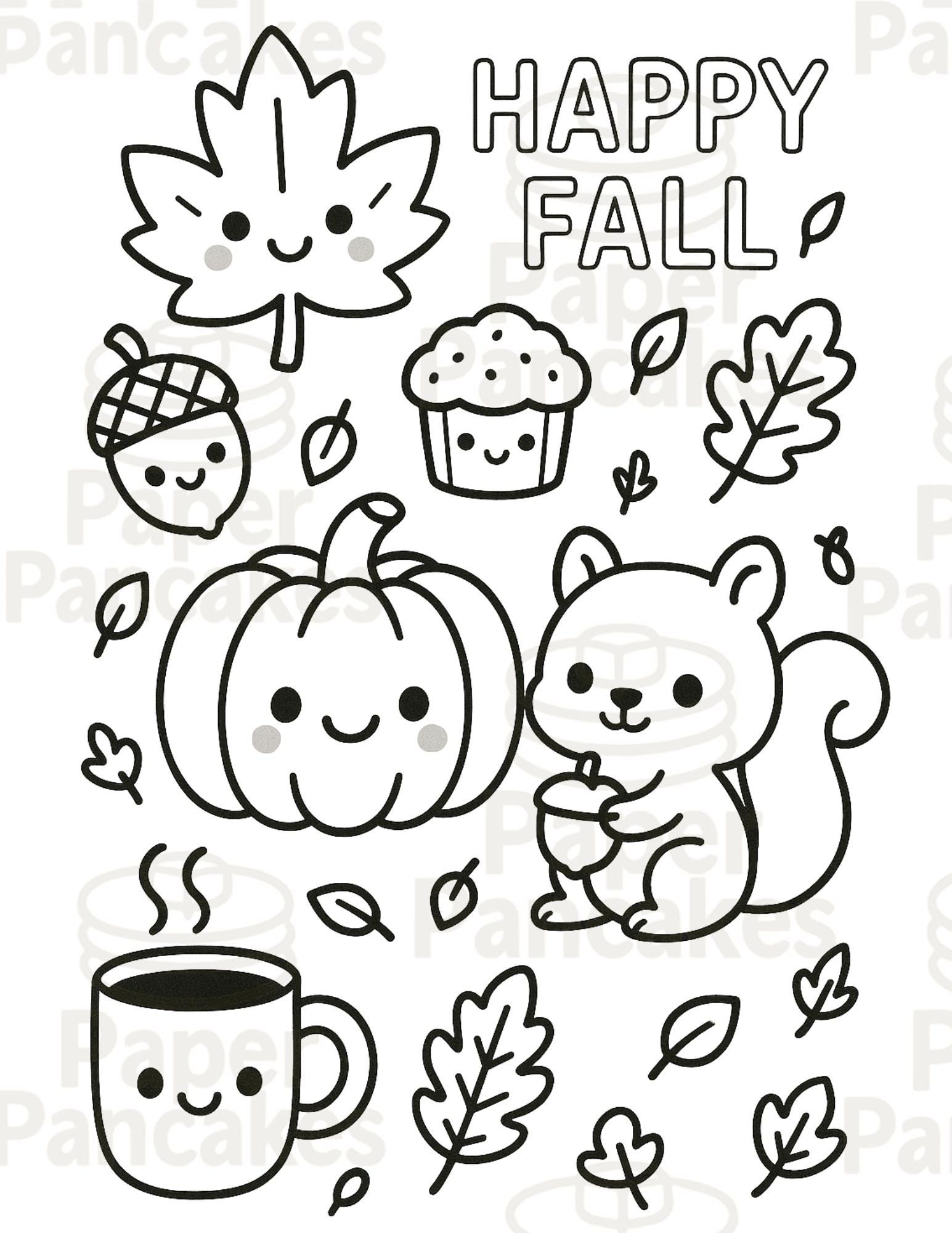 Cute Fall Coloring Page for Kids Autumn Printable Pumpkin, Squirrel,…
