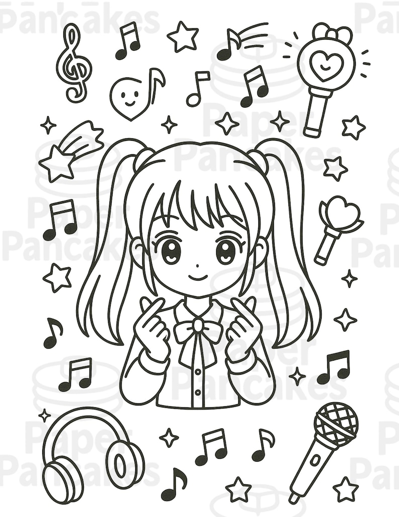 K-pop Music Anime Girl Coloring Page | Cute Singer Printable | Music ...