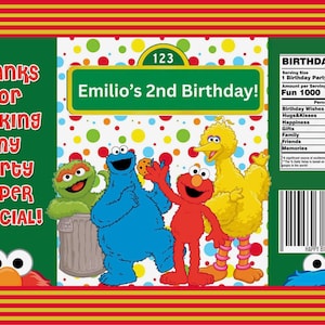 May include: A vibrant birthday party design with Sesame Street characters. The design includes the text "Emilio's 2nd Birthday!" and "Thanks for making my party super special!" with a nutrition facts label.