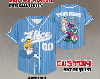 Alice in Wonderland-honkbalshirt: aangepaste naam en nummer, kinderen/volwassenen