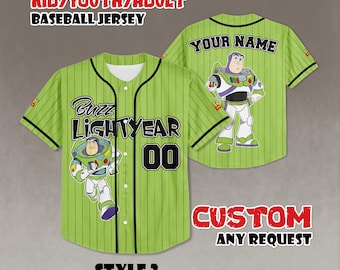 Op maat gemaakt honkbalshirt van Buzz Lightyear - naam en nummer gepersonaliseerd - maten kinderen/jeugd/volwassenen