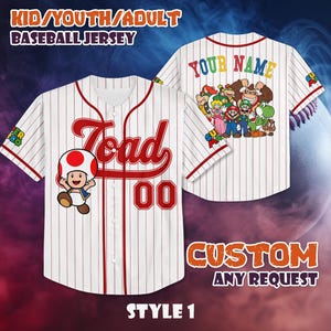 Camisa de beisebol personalizada do Toad do Reino dos Cogumelos, camiseta do parque temático do Mario da Nintendo
