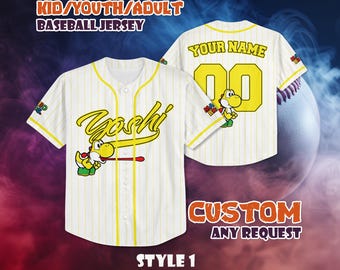 AANGEPASTE gele Yoshi-honkbaljersey, gepersonaliseerde gele Yoshi-trui, Mario Nintendo Universal Studio Trip-shirt, verjaardagscadeaus