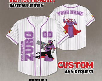 Maglia da baseball Zurg PERSONALIZZATA, maglietta viola dell'imperatore Zurg di Toy Story Disney, maglietta in jersey con personaggio di Toy Story, completo da viaggio Disney abbinato