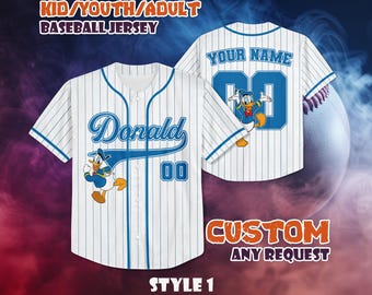 Maglia da baseball personalizzata di Paperino, maglietta con personaggio Disney personalizzata, regalo per fan di Paperino per bambini e adulti, maglietta per vacanze in famiglia