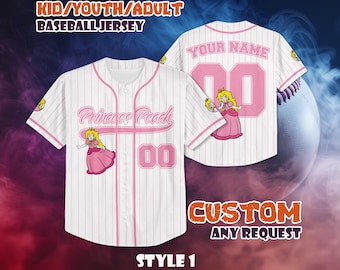 Custom Princess Peach Baseball Jersey, Super Mario Game Outfit, Kids Youth Adult