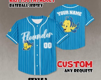 Camiseta de béisbol personalizada de Flounder - Camiseta personalizada de La Sirenita - Tallas para niños, jóvenes y adultos