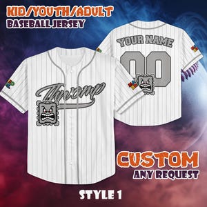 May include: White baseball jersey with gray pinstripes, featuring the word "Thwomp" and a cartoon character graphic. The jersey has the text "YOUR NAME" and the number "00" on the back. The image also includes the text "KID/YOUTH/ADULT BASEBALL JERSEY" and "CUSTOM ANY REQUEST".