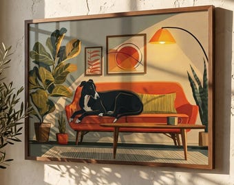 Poster met een zwarte windhond op de bank, een modern kunstwerk voor de woonkamer in de stijl van de jaren 50, ideaal als cadeau voor een windhondeneigenaar.