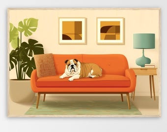Kunstprint van een Engelse bulldog in mid-century modern stijl, retro muurdecoratie voor huisdieren.