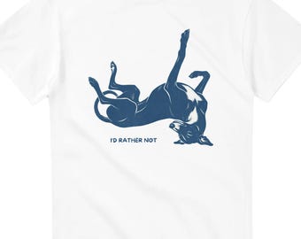 T-shirt met luie, rekkende windhond, grappig T-shirt met de tekst "Ik wil liever niet", print in Matisse-stijl in vijf kleuren, unisex, zware katoenen stof