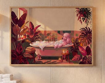 Kunstprint van een poedel in bad (digitale download), botanische badkamerdecoratie, ingelijst of oningelijst cadeau voor hondenliefhebbers