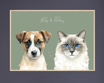 Gepersonaliseerde portretten van meerdere huisdieren in aquarelstijl - Neutrale tinten, een kunstprint voor honden- en kattenliefhebbers.