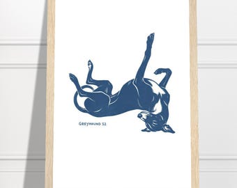 Kunstprint van een uitrekkende windhond (digitale download), modernistische windhond in Matisse-stijl met blauwe decoupage-afwerking, direct te downloaden.