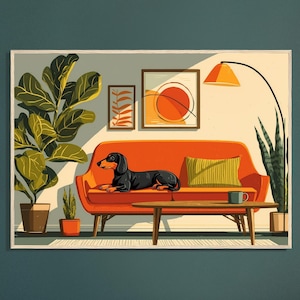 Daphne the Dachshund on a Sofa, Mid-Century Style Wall Art, Dog Lover Print, Sausage Dog Art, Doxie Poster, Pet Owner Gift