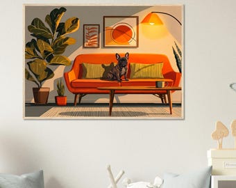 Muurdecoratie met een Franse bulldog op een bank in mid-century modern stijl, een uniek cadeau voor liefhebbers van Franse bulldogs, geprint en ingelijst of oningelijst.