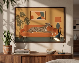 Print van een gestreepte windhond op een bank, een poster in mid-century modern stijl voor hondenliefhebbers, met of zonder lijst.