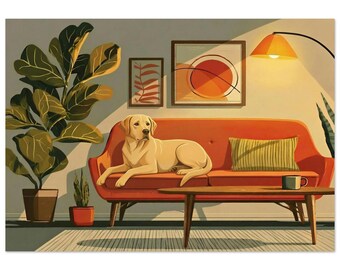 Labrador op de bank kunstprint, poster van een hond op een bank in mid-century stijl, cadeau voor liefhebbers van gele labradors, ingelijst of oningelijst.
