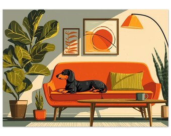 Kunstprint 'Teckel op de Bank', poster met hond op de bank in mid-century stijl, cadeau voor liefhebbers van zwart-bruine teckels, ingelijst of oningelijst.